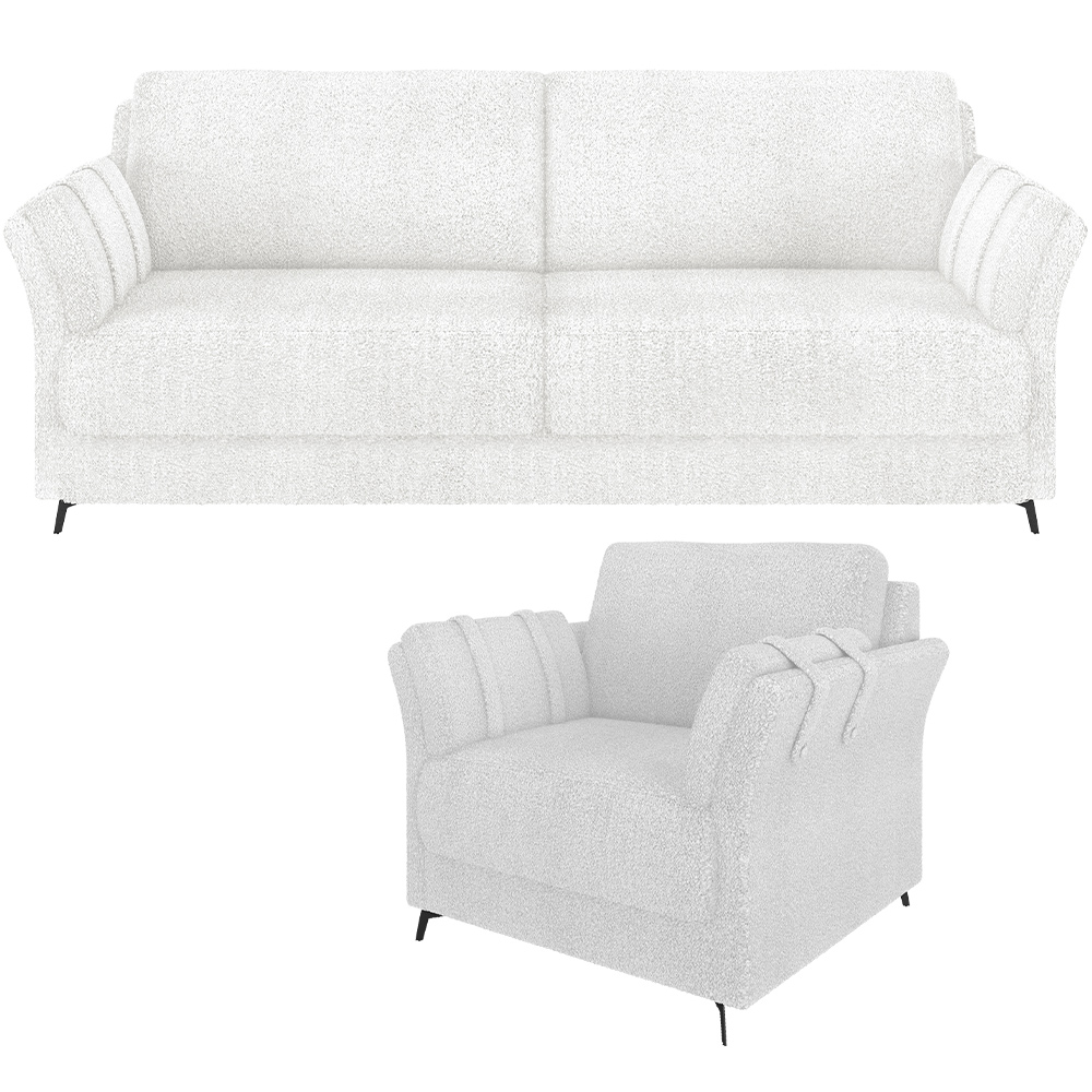 Kit Sofá 3 Lugares 223cm com 01 Poltrona Álamo M03 Bouclê Branco - Lyam Decor