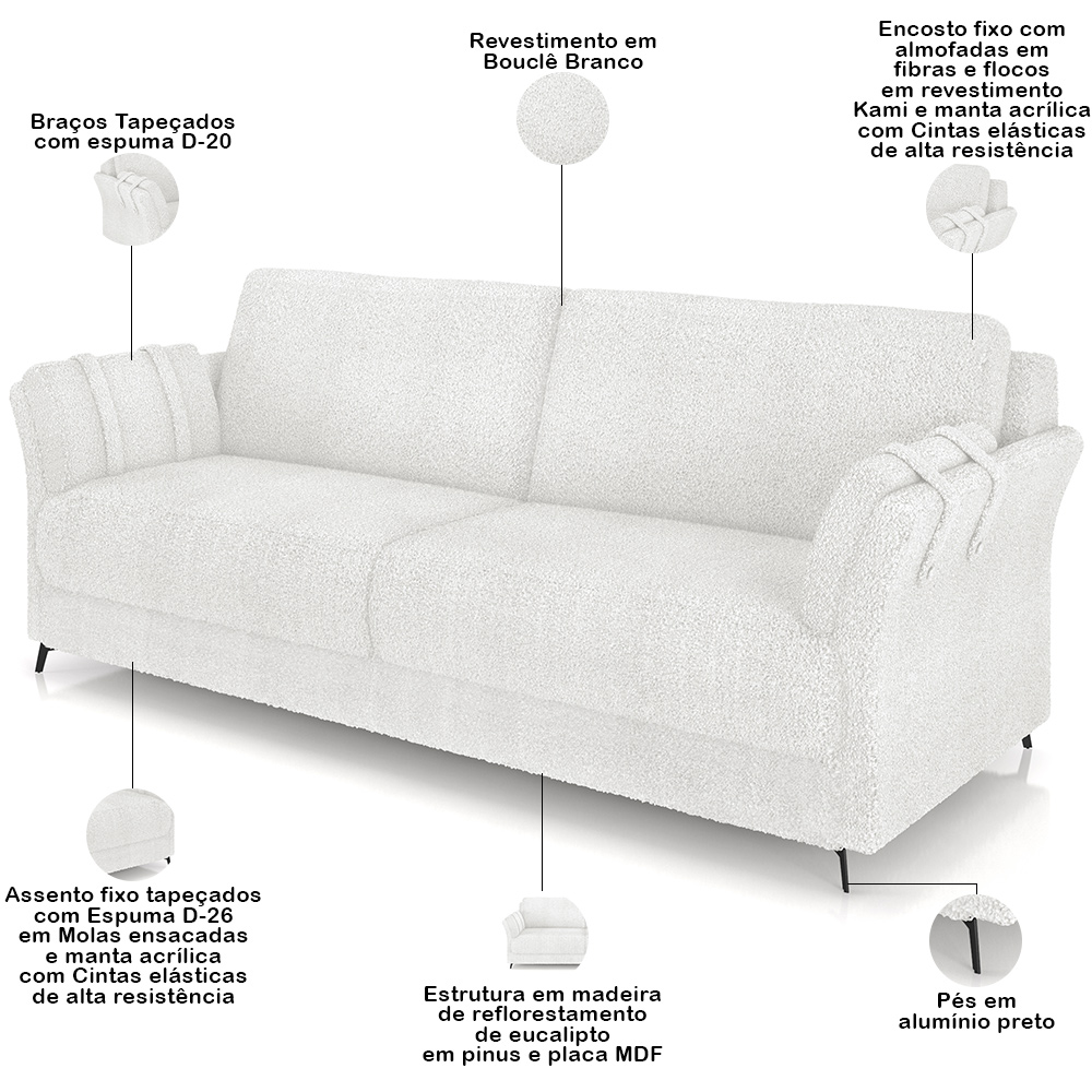 Kit Sofá 3 Lugares 223cm com 01 Poltrona Álamo M03 Bouclê Branco - Lyam Decor