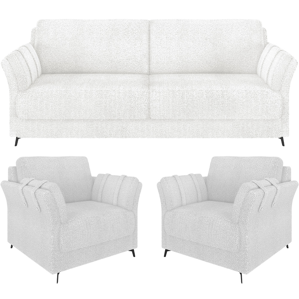 Kit Sofá 3 Lugares 223cm com 02 Poltronas Álamo M03 Bouclê Branco - Lyam Decor