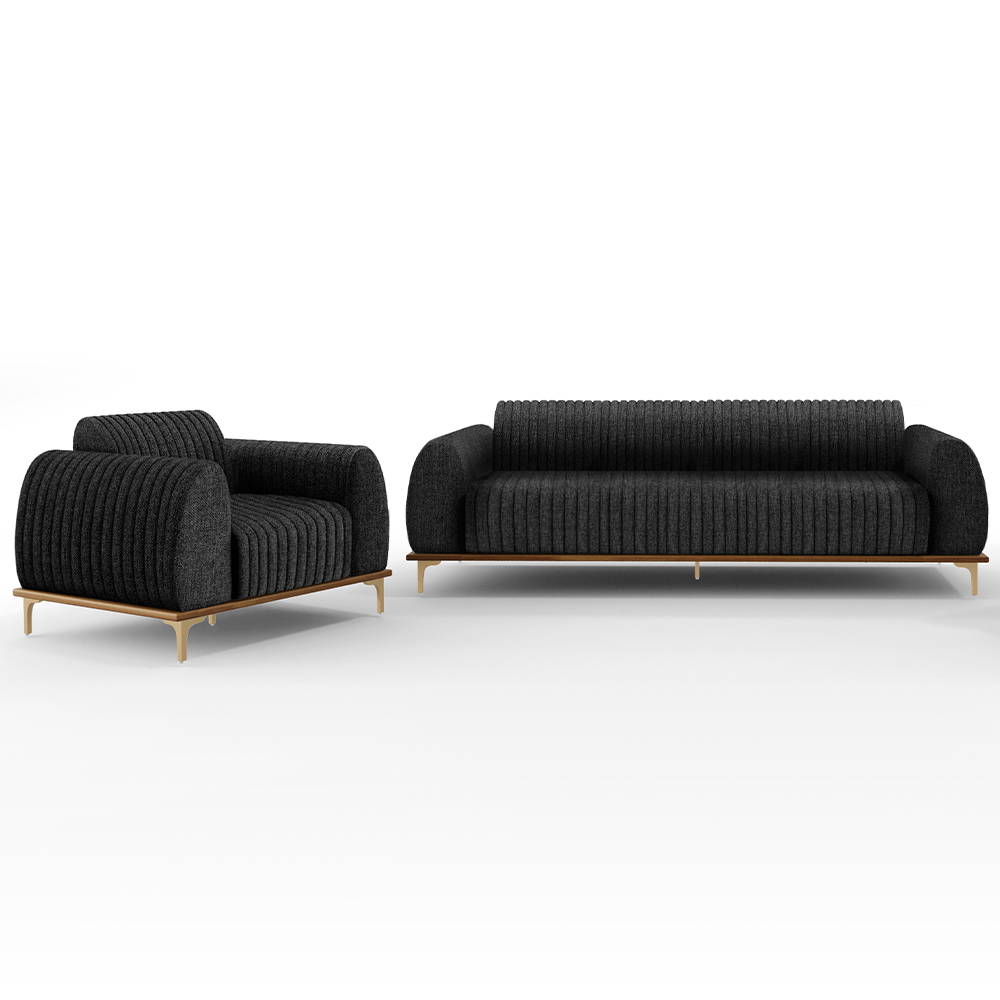 Kit Sofá 3 Lugares Sala Estar 180cm E Poltrona Molino Pés D'ouro D02 Linho Chumbo D-465 - Lyam Decor