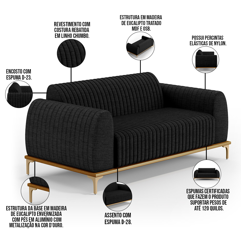 Kit Sofá 3 Lugares Sala Estar 180cm E Poltrona Molino Pés D'ouro D02 Linho Chumbo D-465 - Lyam Decor