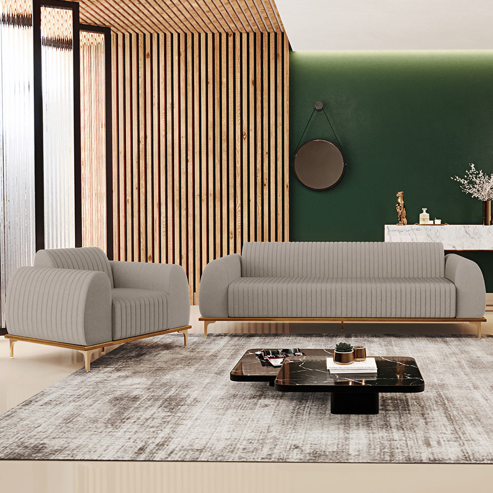 Kit Sofá 3 Lugares Sala Estar 210cm Com Poltrona Molino Pés D'ouro D02 Linho Bege C-107 - Lyam Decor