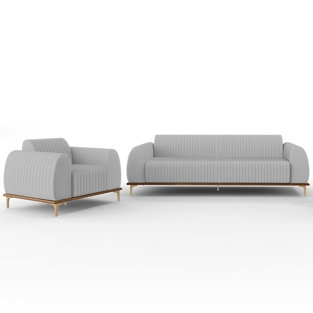 Kit Sofá 3 Lugares Sala Estar 210cm E Poltrona Molino Pés D'ouro D02 Linho Cinza D-315 - Lyam Decor