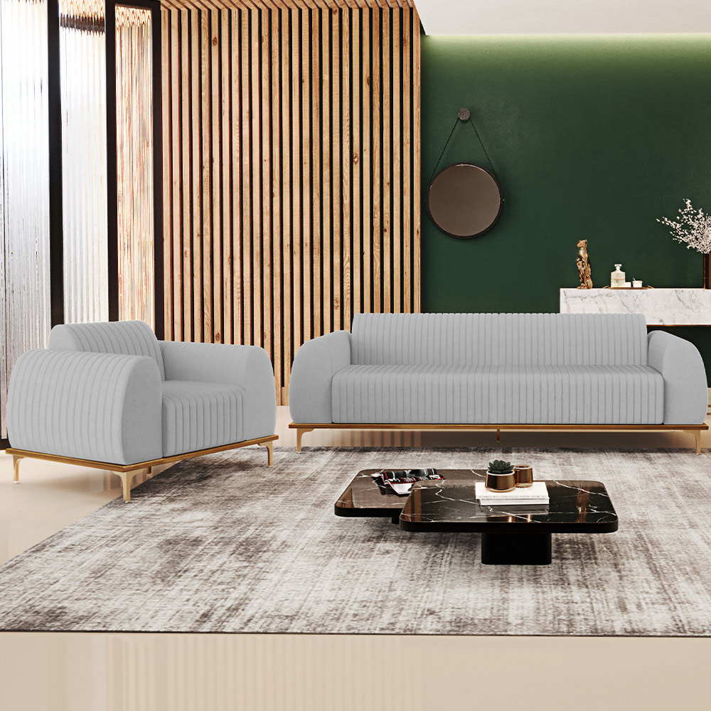 Kit Sofá 3 Lugares Sala Estar 210cm E Poltrona Molino Pés D'ouro D02 Linho Cinza D-315 - Lyam Decor