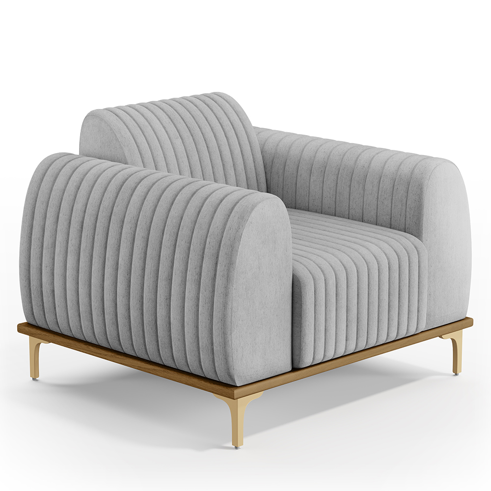 Kit Sofá 3 Lugares Sala Estar 210cm E Poltrona Molino Pés D'ouro D02 Linho Cinza D-315 - Lyam Decor