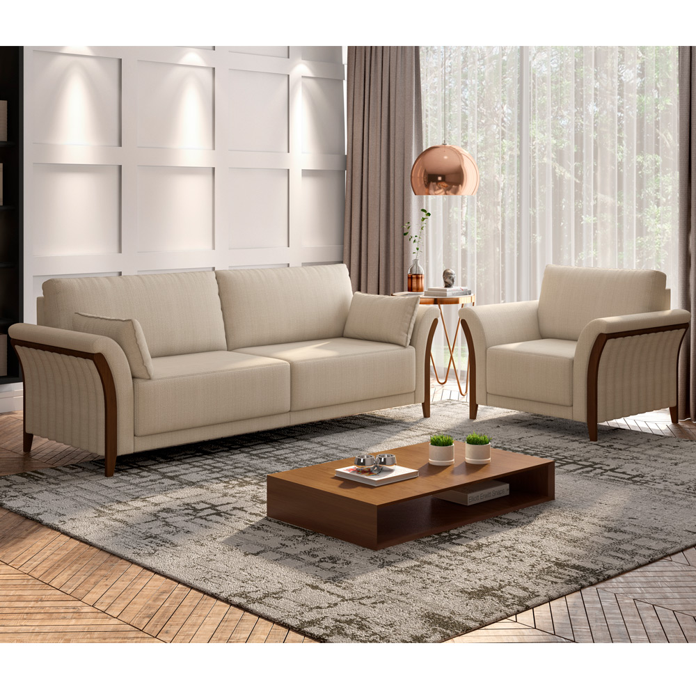 Kit Sofá 3 Lugares Sala Estar 222 Com Poltrona Stefan Pés Madeira M03 Linho Bege - Lyam Decor