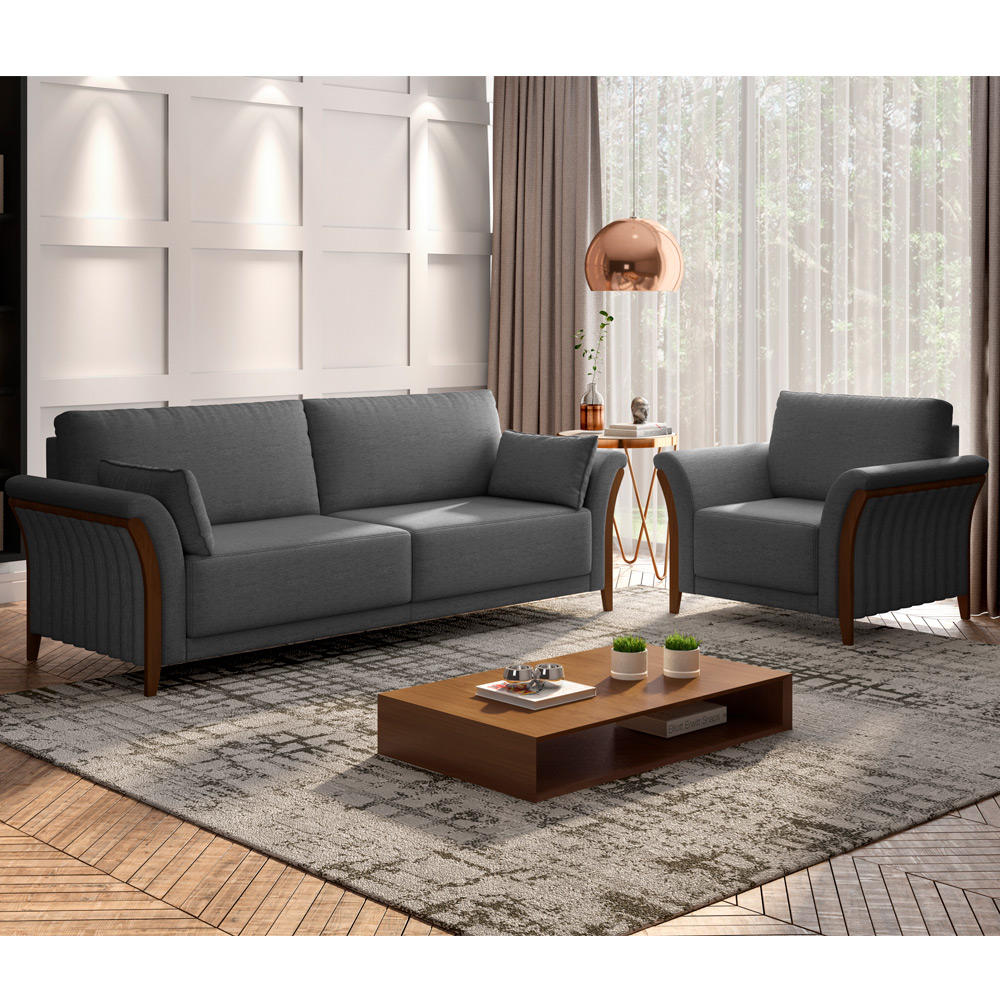 Kit Sofá 3 Lugares Sala Estar 222 Com Poltrona Stefan Pés Madeira M03 Linho Chumbo - Lyam Decor