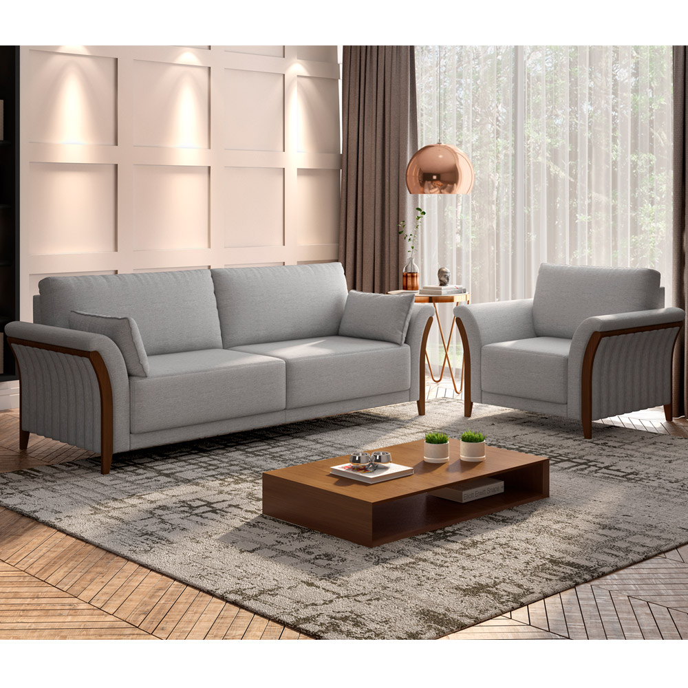 Kit Sofá 3 Lugares Sala Estar 222 Com Poltrona Stefan Pés Madeira M03 Linho Cinza - Lyam Decor
