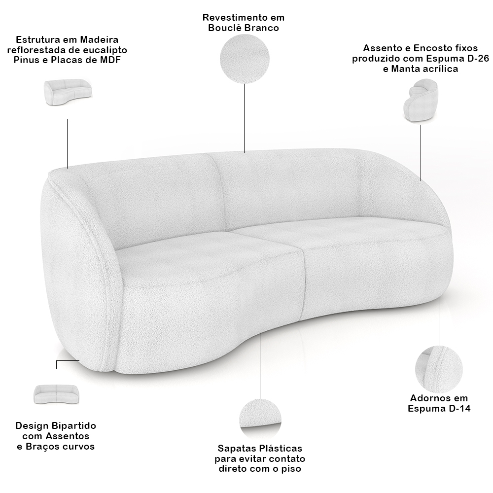 Kit Sofá 4 Lugares Eron 288cm Com Poltrona Giratória Angelina M03 Bouclê Branco - Lyam Decor