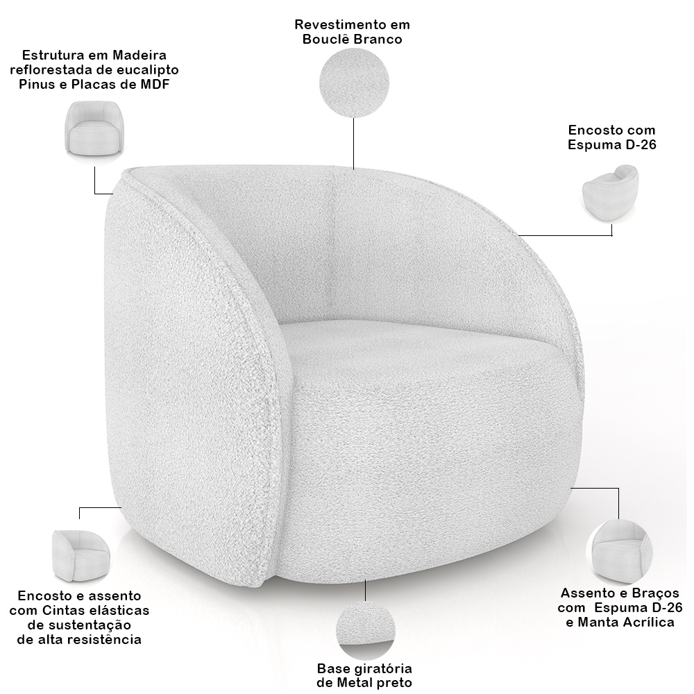 Kit Sofá 4 Lugares Eron 288cm Com Poltrona Giratória Angelina M03 Bouclê Branco - Lyam Decor