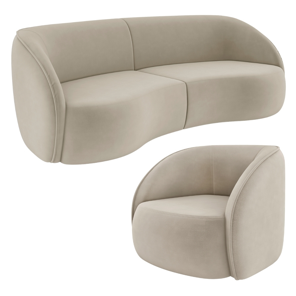 Kit Sofá 4 Lugares Eron 288cm Com Poltrona Giratória Angelina M03 Veludo Bege - Lyam Decor