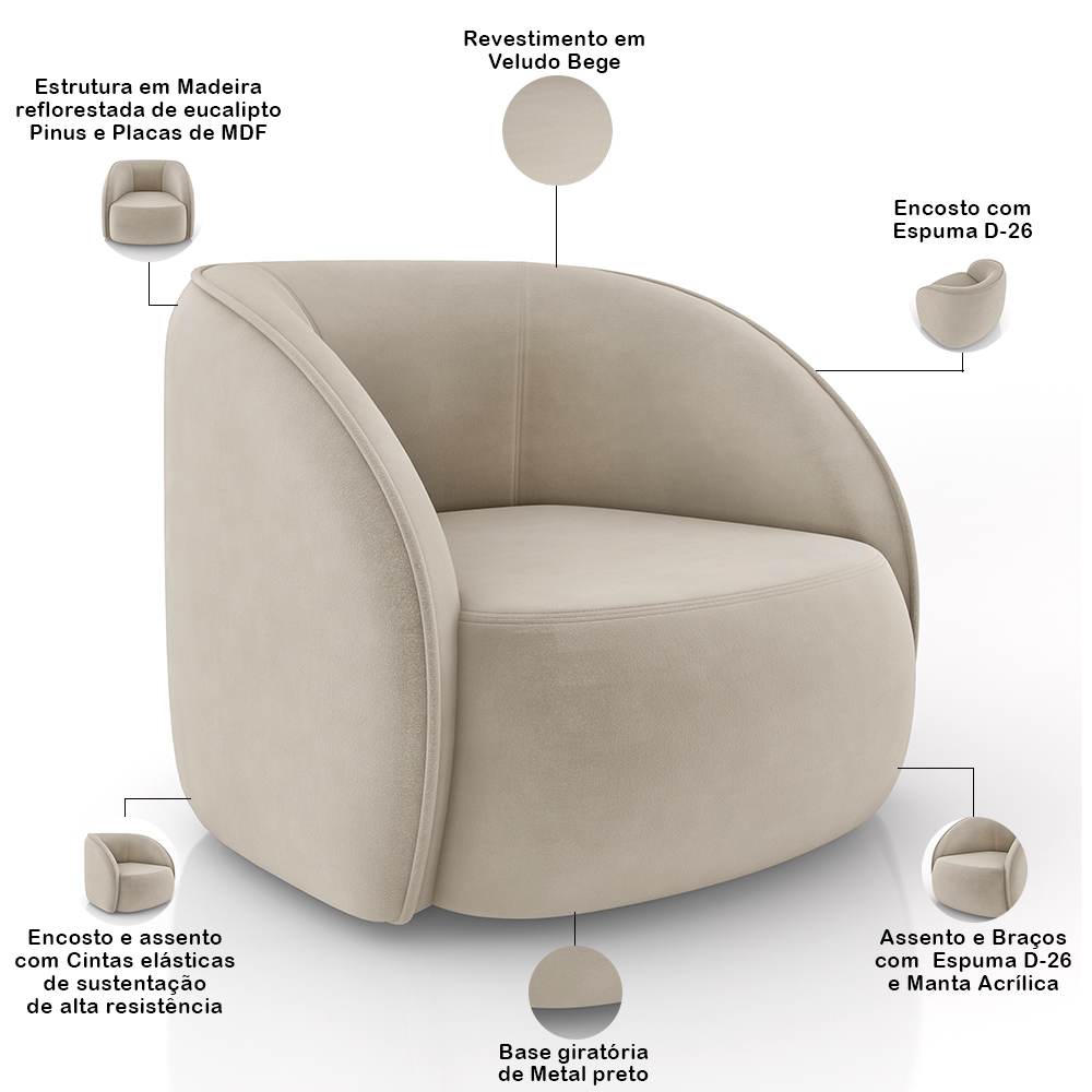 Kit Sofá 4 Lugares Eron 288cm Com Poltrona Giratória Angelina M03 Veludo Bege - Lyam Decor