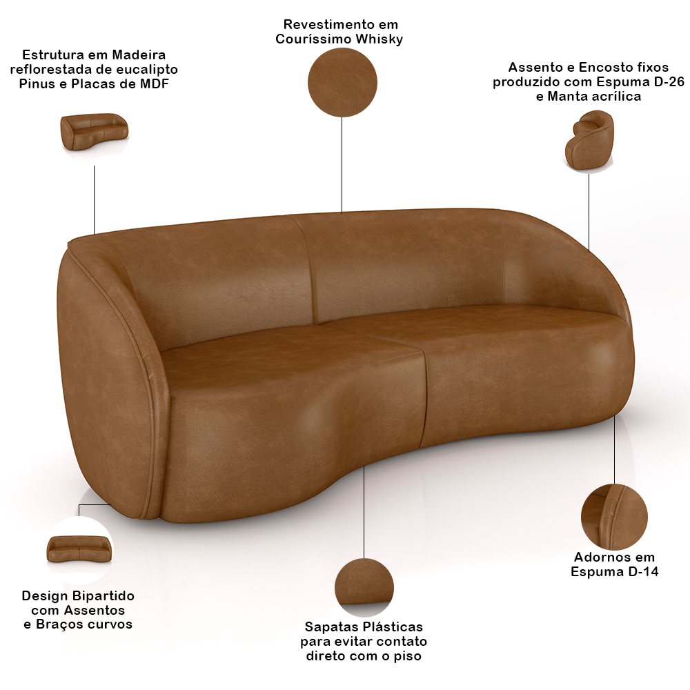 Kit Sofá 4 Lugares Eron 318cm Com Poltrona Giratória Angelina M03 Couríssimo Whisky - Lyam Decor
