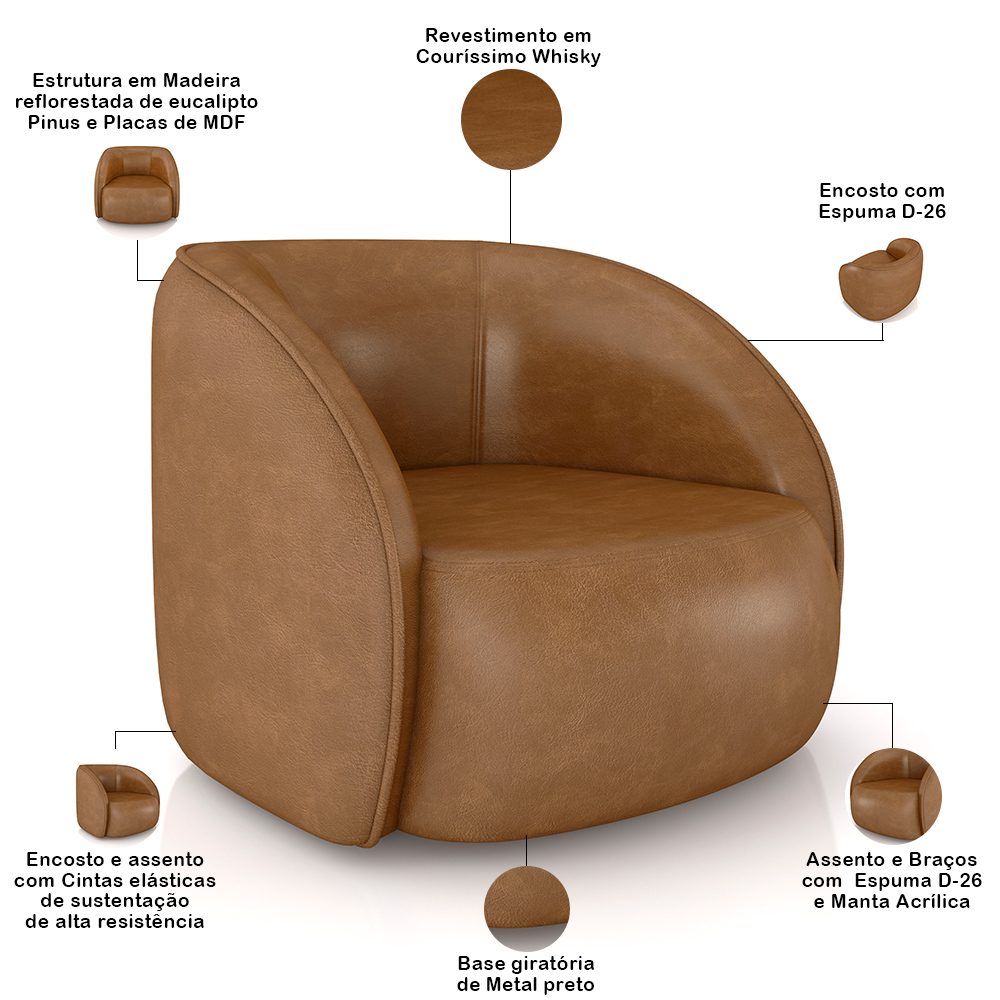 Kit Sofá 4 Lugares Eron 318cm Com Poltrona Giratória Angelina M03 Couríssimo Whisky - Lyam Decor