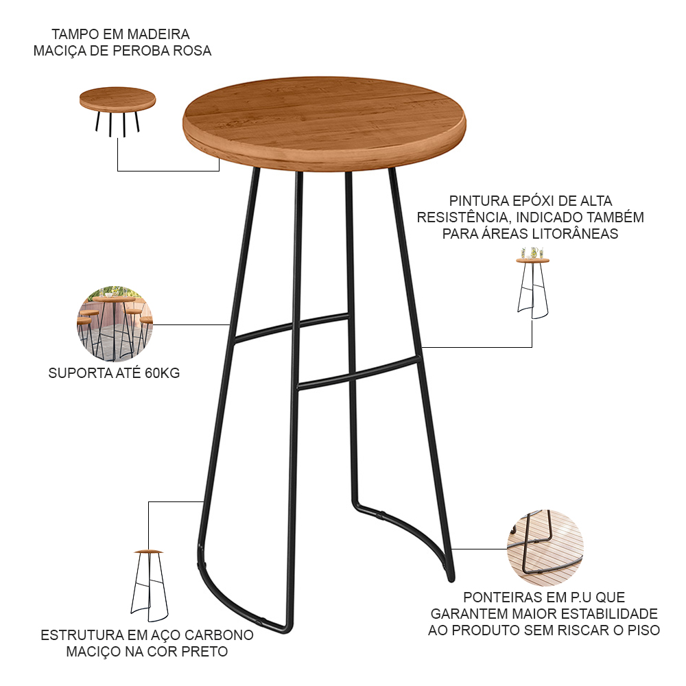 Mesa Bistrô Bar Alta Estrutura Em Aço Ravi D01 Peroba Rosa - Lyam Decor