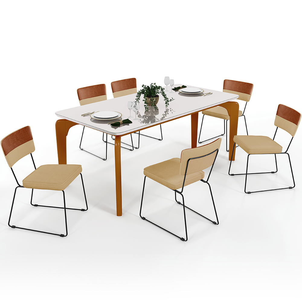 Mesa Capri 160 Off White 6 Cadeiras Allana B05 Faixa Couríssimo Camel Linho Bege Escuro - Lyam Decor