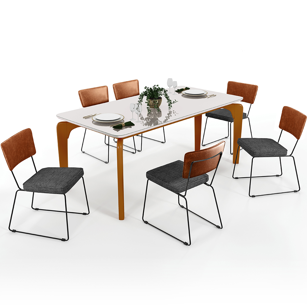 Mesa Capri 160 Off White Com 6 Cadeiras Allana B05 Couríssimo Camel Linho Cinza Escuro - Lyam Decor