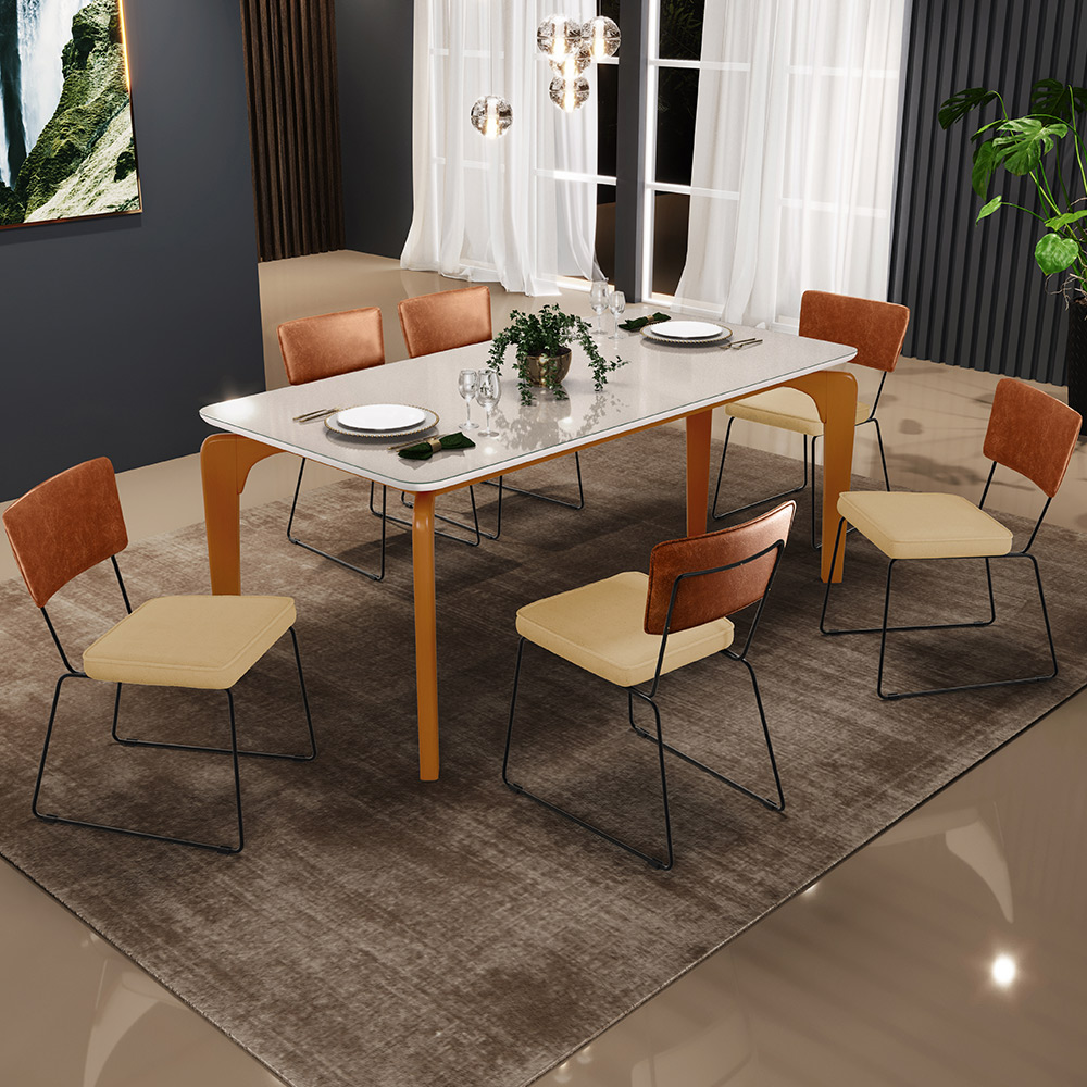 Mesa Capri 160 Off White E 6 Cadeiras Allana B05 Couríssimo Camel Linho Bege Escuro - Lyam Decor
