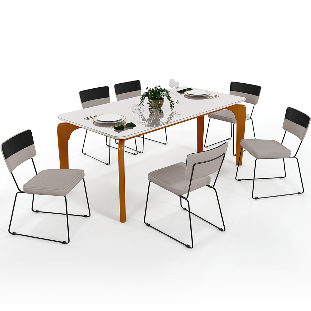 Mesa Capri 160 Off White Nature Com 6 Cadeiras Allana B05 Faixa Corano Preto Linho Bege - Lyam Decor