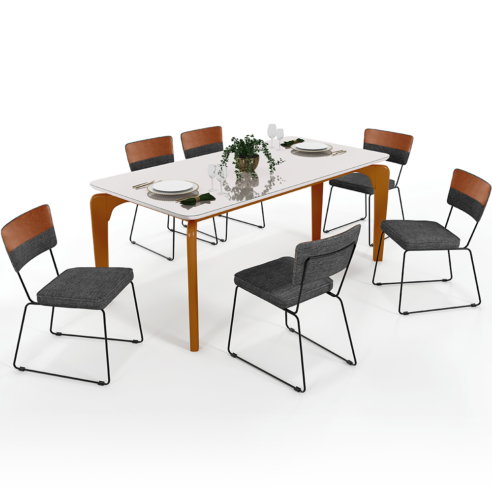 Mesa Capri 160 OffWhite 6 Cadeiras Allana B05 Faixa Couríssimo Camel Linho Cinza Escuro - Lyam Decor