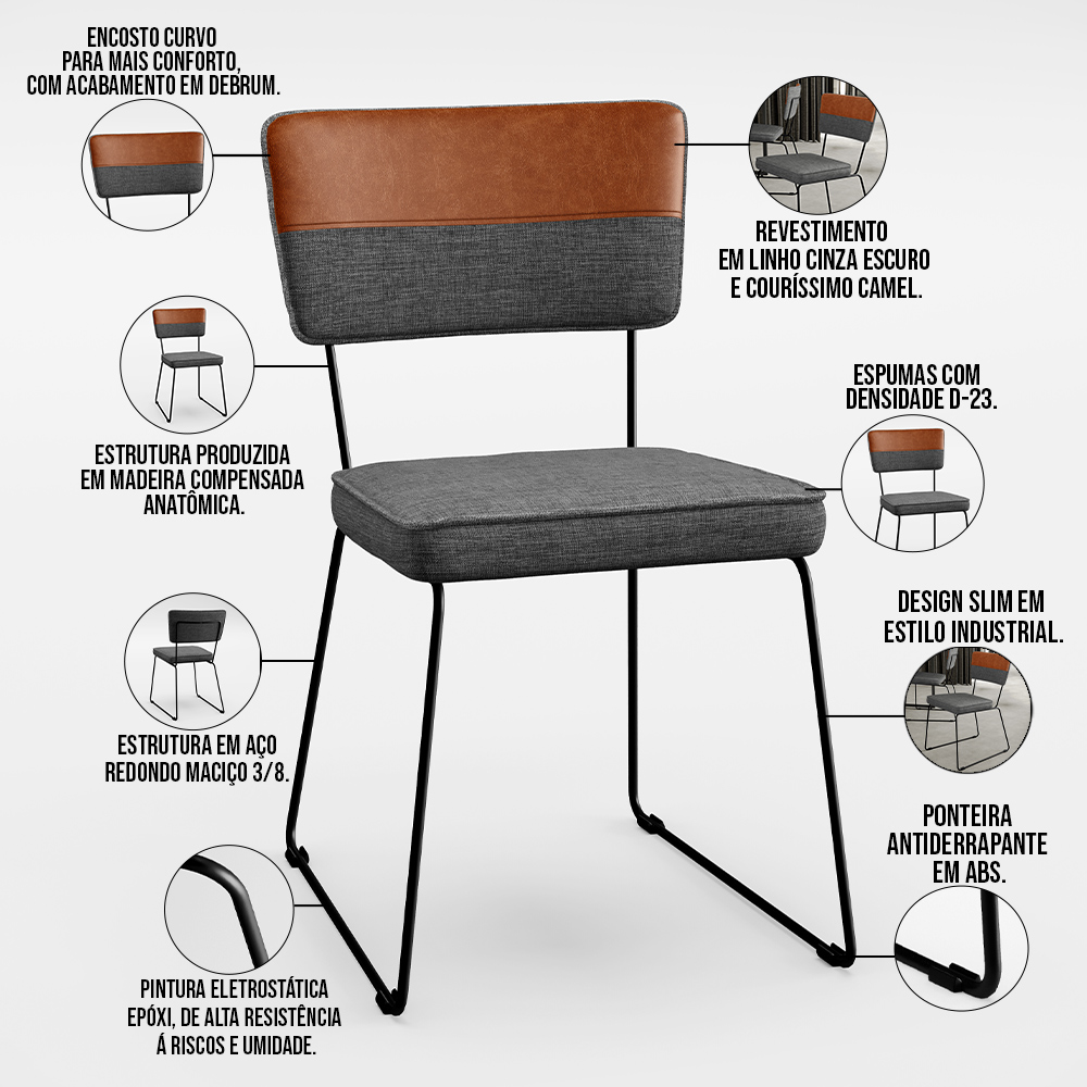 Mesa Capri 160 OffWhite 6 Cadeiras Allana B05 Faixa Couríssimo Camel Linho Cinza Escuro - Lyam Decor