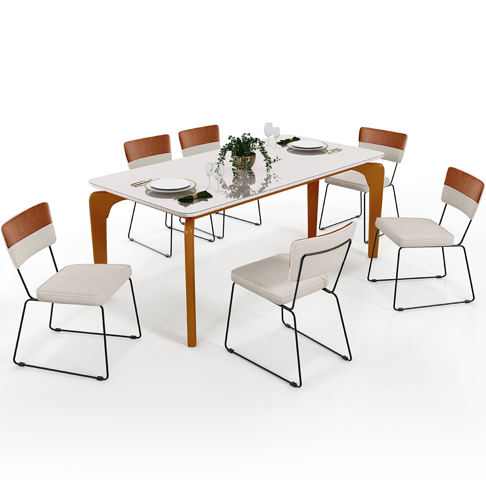Mesa Capri 160 cm Off White Com 6 Cadeiras Allana B05 Faixa Couríssimo Camel Linho Cru - Lyam Decor