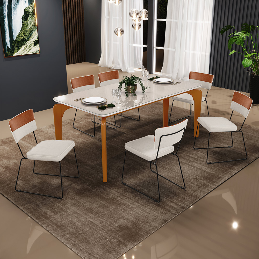 Mesa Capri 160 cm Off White Com 6 Cadeiras Allana B05 Faixa Couríssimo Camel Linho Cru - Lyam Decor