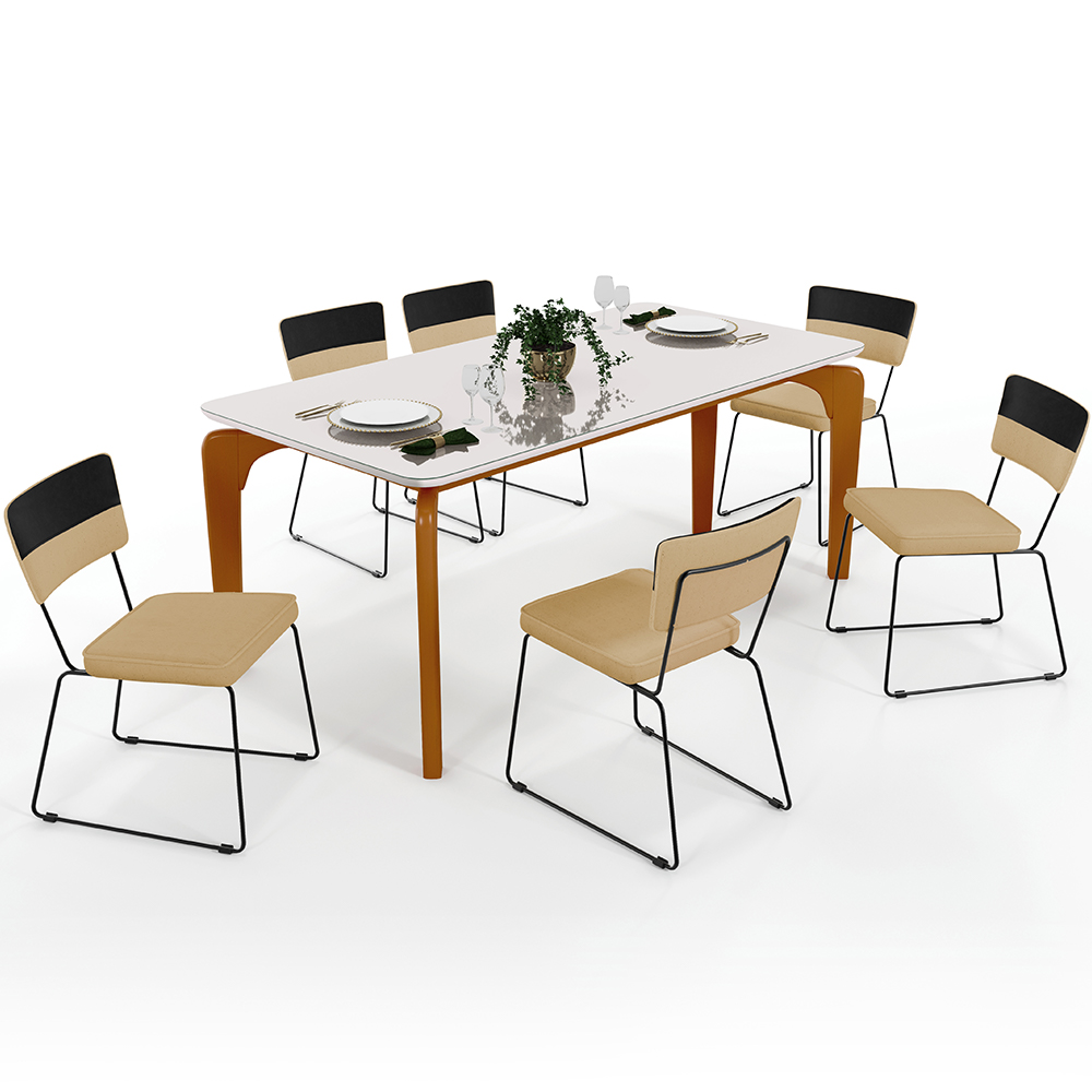 Mesa Capri 160cm Off White 6 Cadeiras Allana B05 Faixa Corano Preto Linho Bege Escuro - Lyam Decor