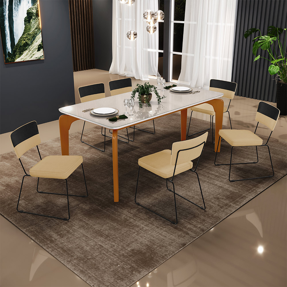 Mesa Capri 160cm Off White 6 Cadeiras Allana B05 Faixa Corano Preto Linho Bege Escuro - Lyam Decor