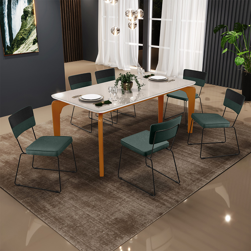 Mesa Capri 160cm Off White 6 Cadeiras Allana B05 Faixa Corano Preto Linho Verde Musgo - Lyam Decor