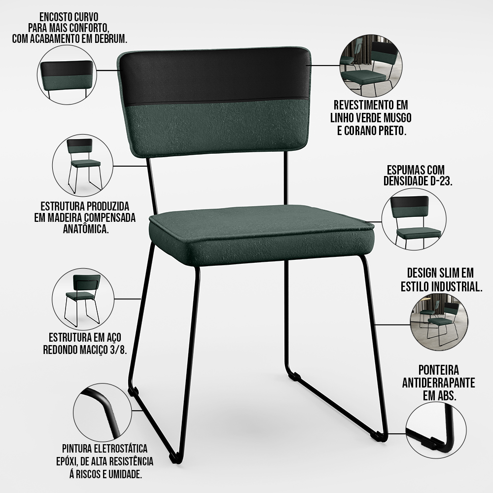Mesa Capri 160cm Off White 6 Cadeiras Allana B05 Faixa Corano Preto Linho Verde Musgo - Lyam Decor
