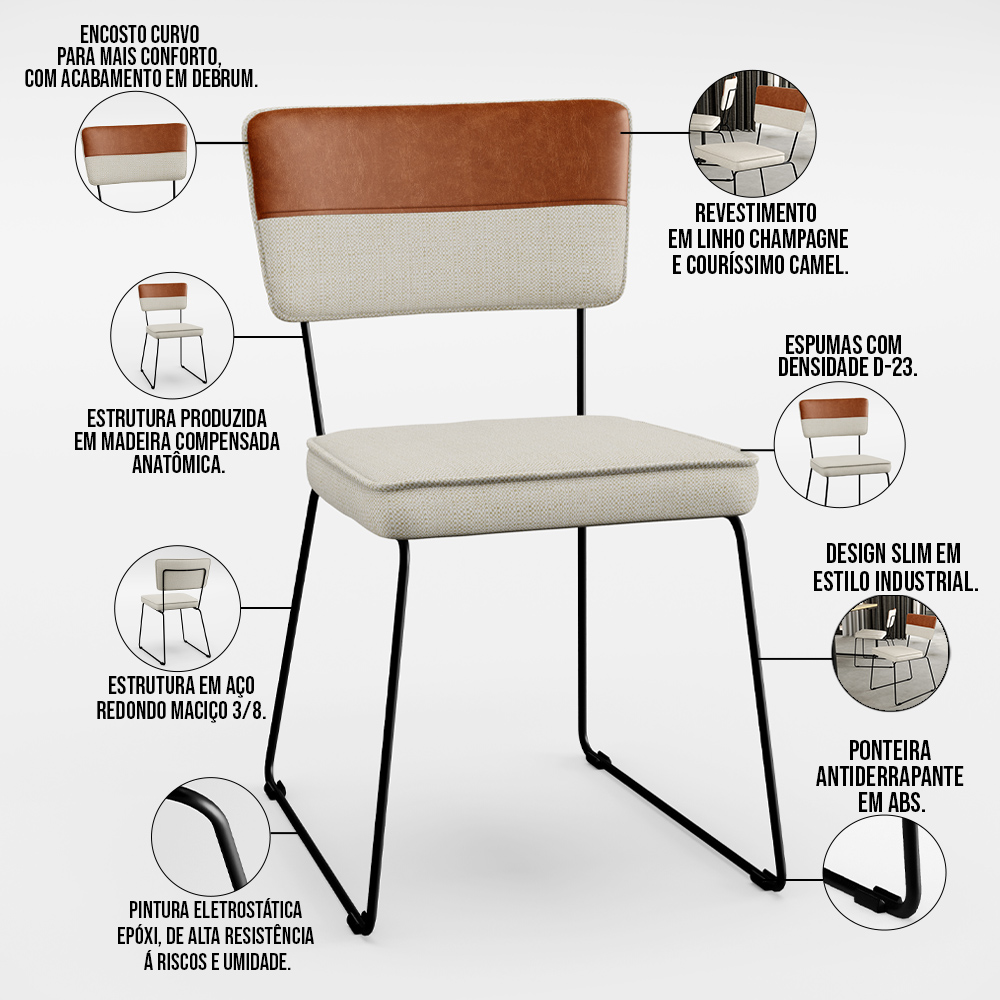 Mesa Capri 160cm Off White 6 Cadeiras Allana B05 Faixa Couríssimo Camel Linho Champagne - Lyam Decor