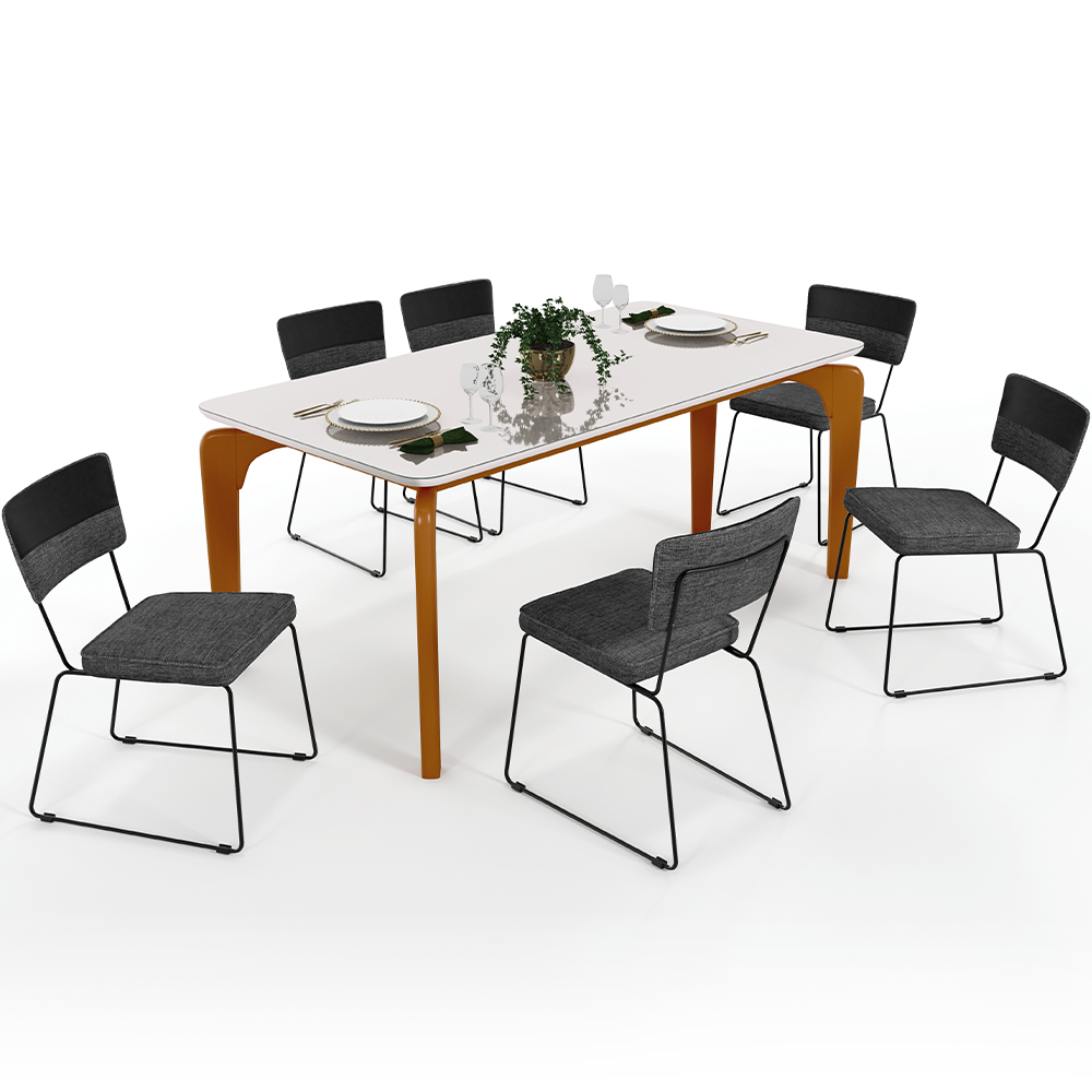 Mesa Capri 160cm Off White Com 6 Cadeiras Allana B05 Corano Preto Linho Cinza Escuro - Lyam Decor