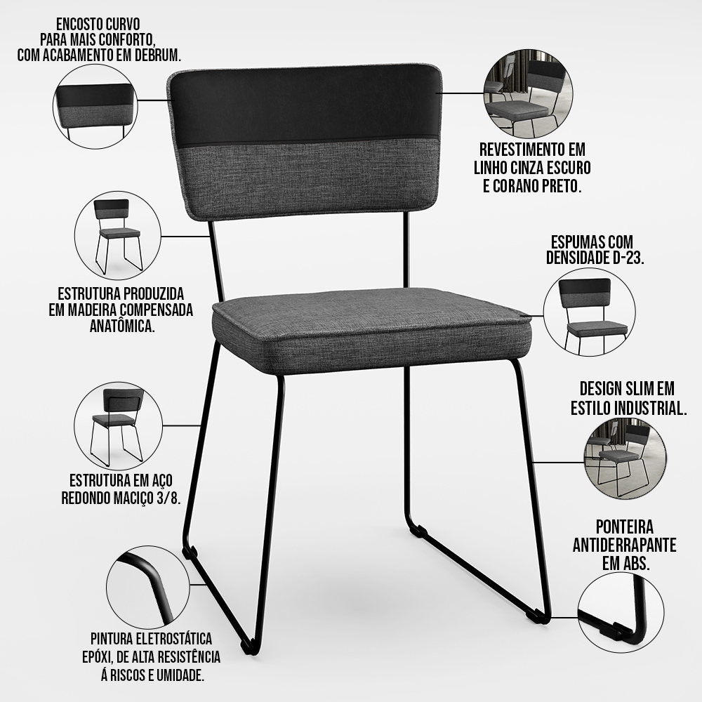 Mesa Capri 160cm Off White Com 6 Cadeiras Allana B05 Corano Preto Linho Cinza Escuro - Lyam Decor