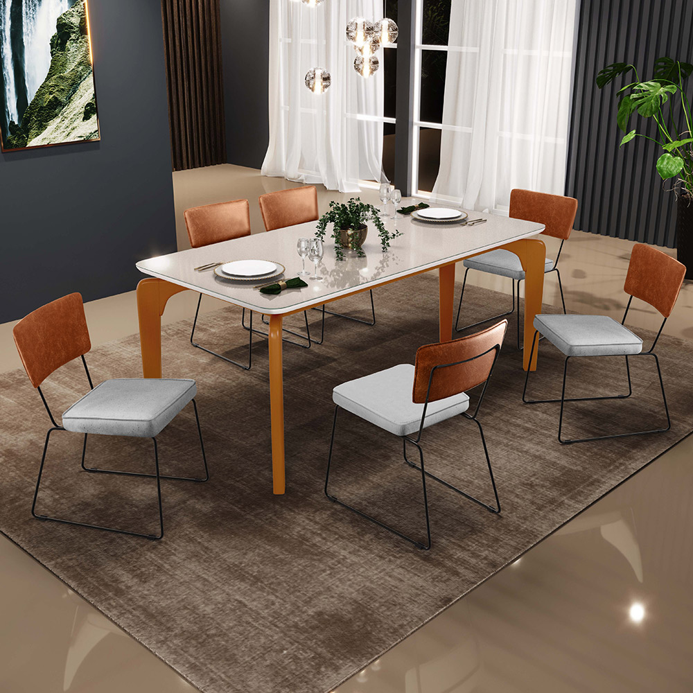 Mesa Capri 160cm Off White Com 6 Cadeiras Allana B05 Couríssimo Camel Linho Cinza - Lyam Decor