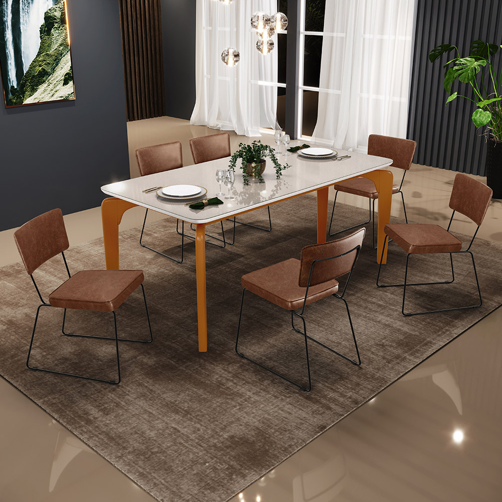 Mesa Capri 160cm Off White Com 6 Cadeiras Allana B05 Couríssimo Marrom - Lyam Decor