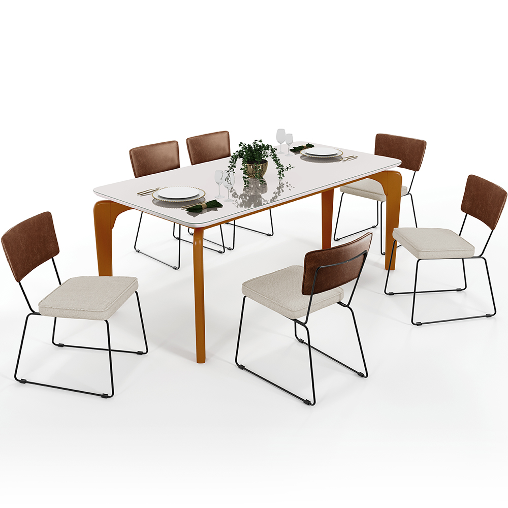 Mesa Capri 160cm Off White Com 6 Cadeiras Allana B05 Couríssimo Marrom Linho Champagne - Lyam Decor
