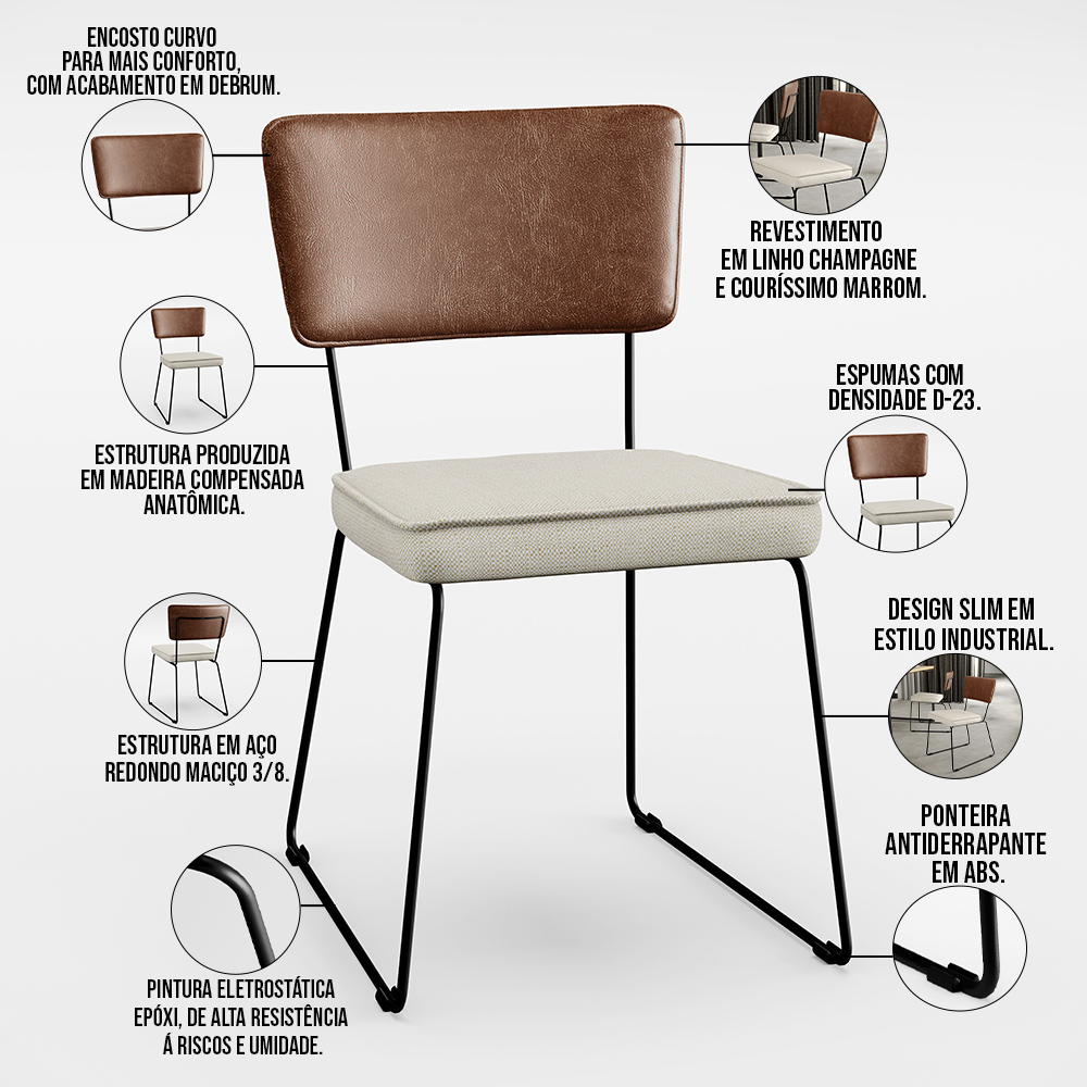 Mesa Capri 160cm Off White Com 6 Cadeiras Allana B05 Couríssimo Marrom Linho Champagne - Lyam Decor