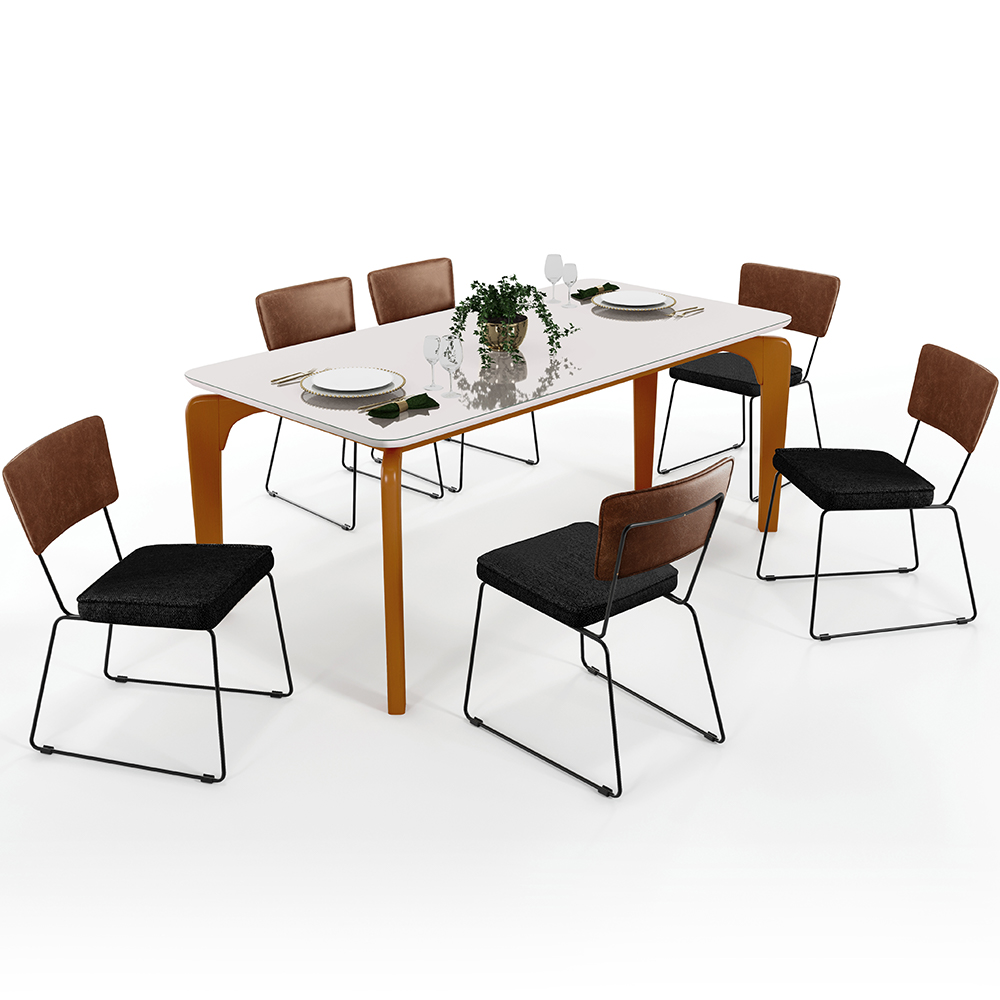 Mesa Capri 160cm Off White Com 6 Cadeiras Allana B05 Couríssimo Marrom Linho Chumbo - Lyam Decor