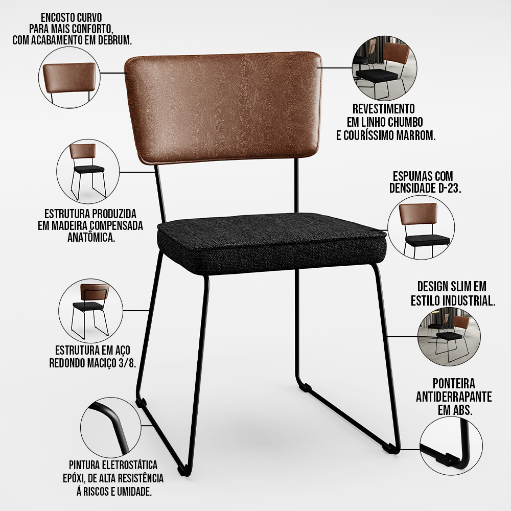 Mesa Capri 160cm Off White Com 6 Cadeiras Allana B05 Couríssimo Marrom Linho Chumbo - Lyam Decor