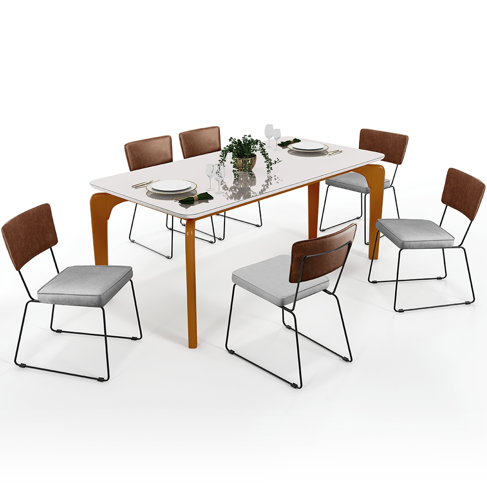 Mesa Capri 160cm Off White Com 6 Cadeiras Allana B05 Couríssimo Marrom Linho Cinza - Lyam Decor