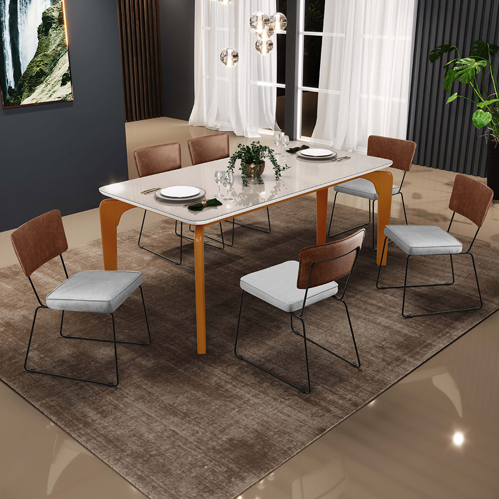 Mesa Capri 160cm Off White Com 6 Cadeiras Allana B05 Couríssimo Marrom Linho Cinza - Lyam Decor