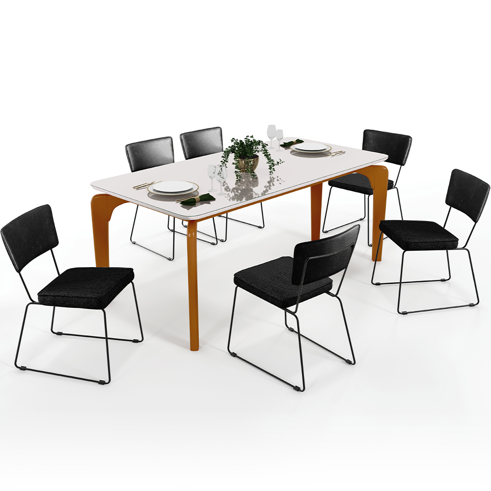 Mesa Capri 160cm Off White Com 6 Cadeiras Allana B05 Couríssimo Preto Linho Chumbo - Lyam Decor