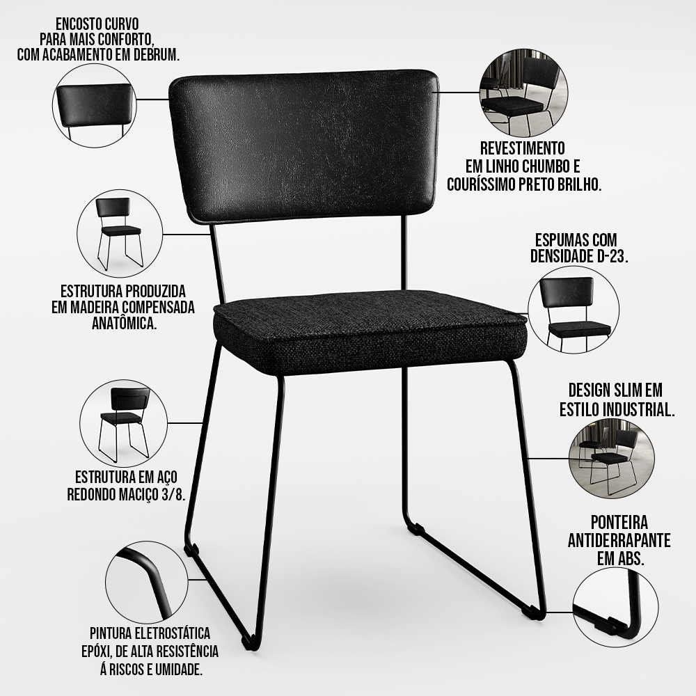 Mesa Capri 160cm Off White Com 6 Cadeiras Allana B05 Couríssimo Preto Linho Chumbo - Lyam Decor
