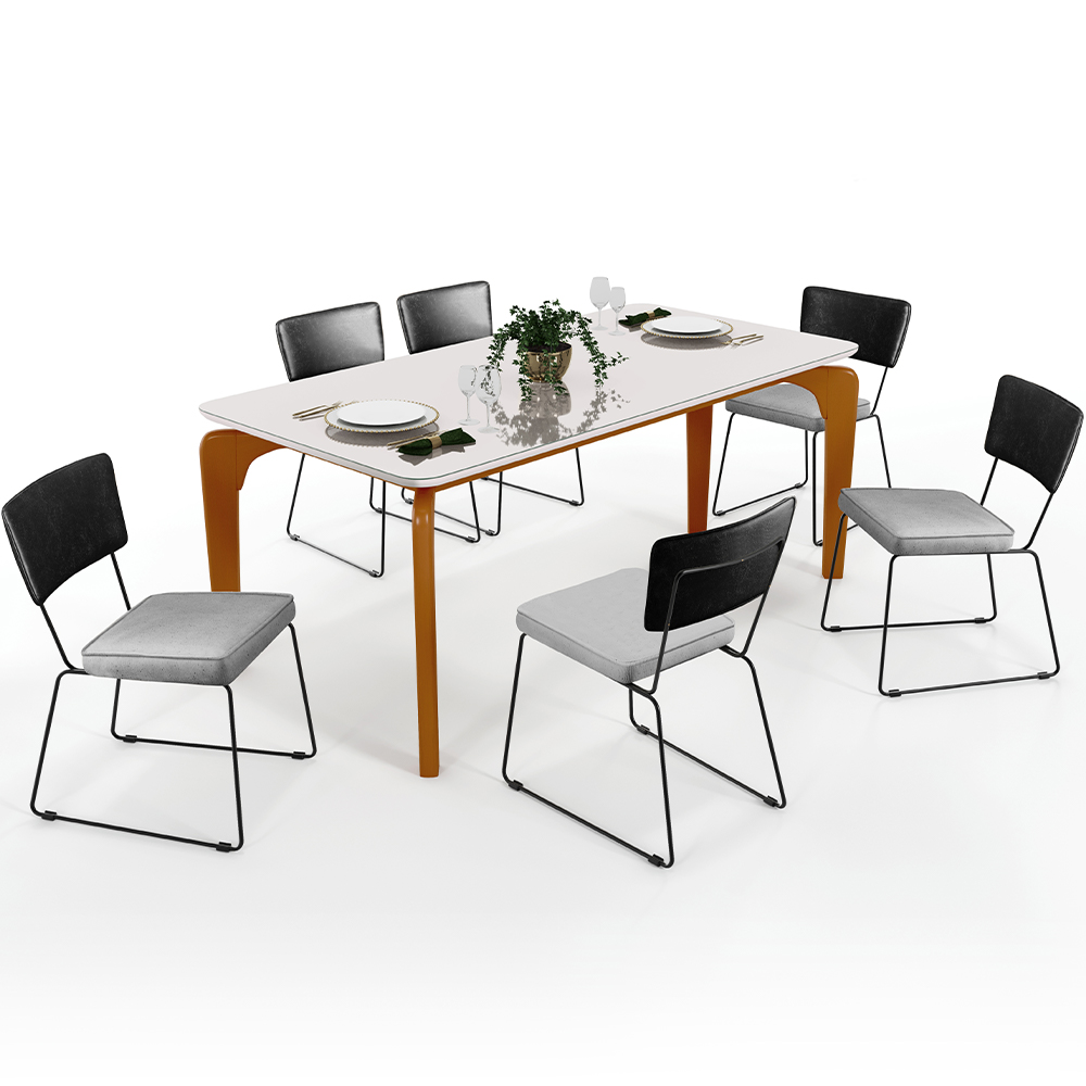 Mesa Capri 160cm Off White Com 6 Cadeiras Allana B05 Couríssimo Preto Linho Cinza - Lyam Decor