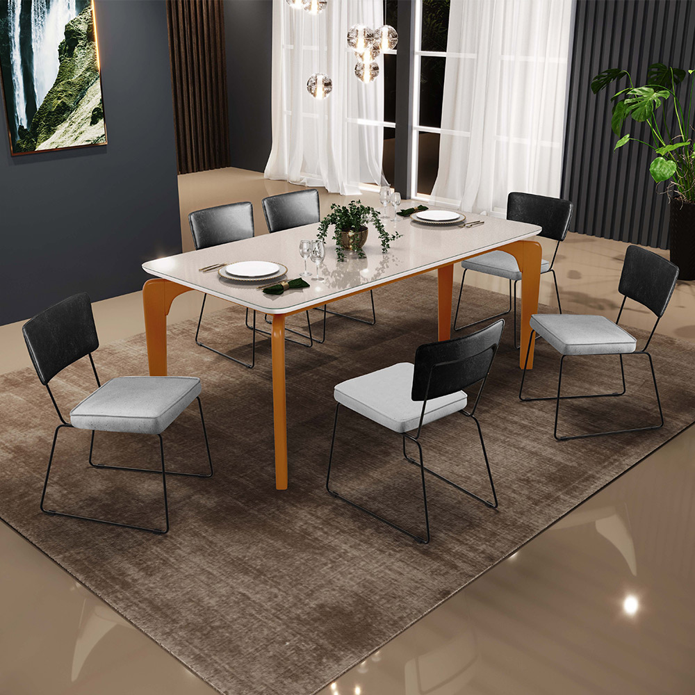 Mesa Capri 160cm Off White Com 6 Cadeiras Allana B05 Couríssimo Preto Linho Cinza - Lyam Decor