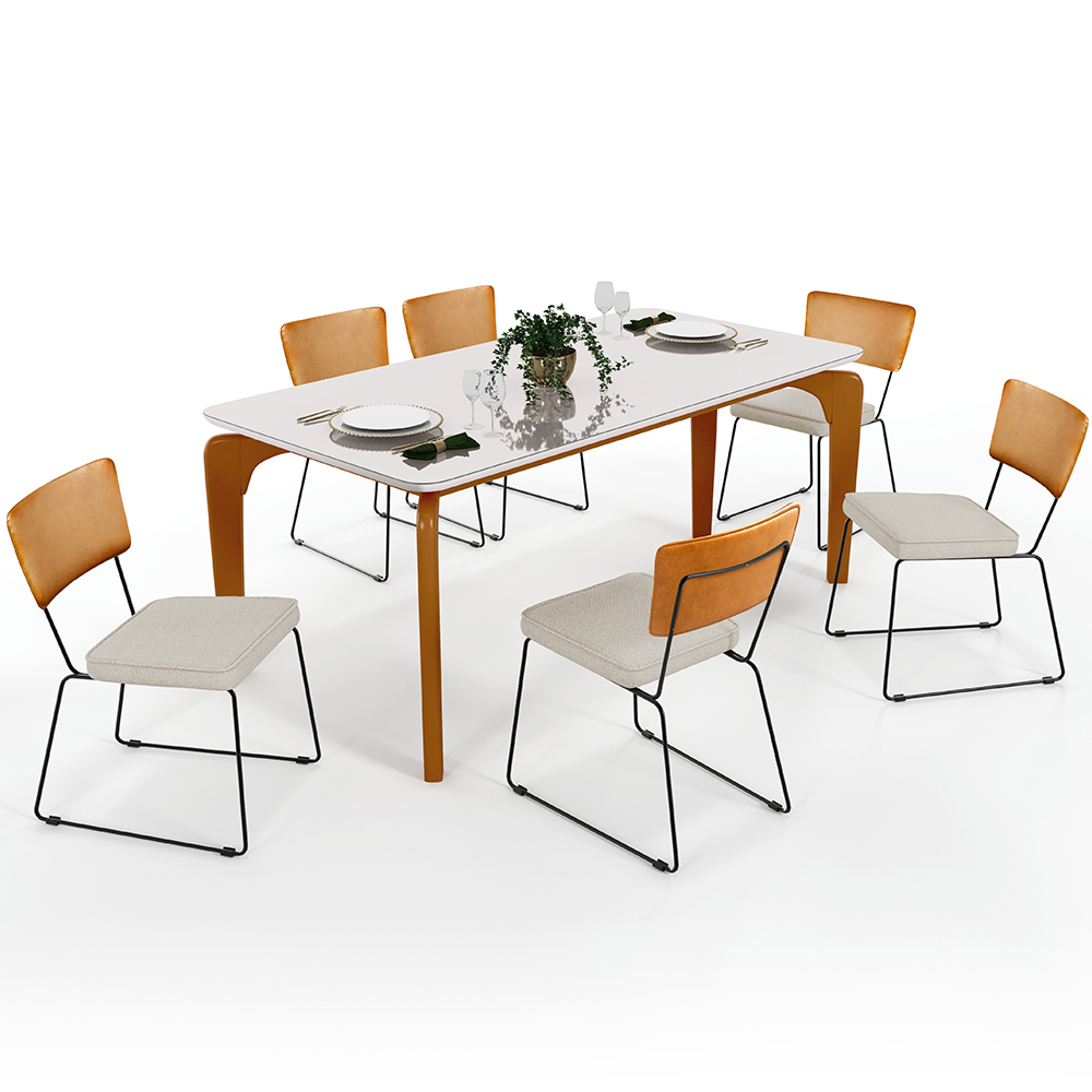 Mesa Capri 160cm Off White Com 6 Cadeiras Allana B05 Couríssimo Whisky Linho Champagne - Lyam Decor