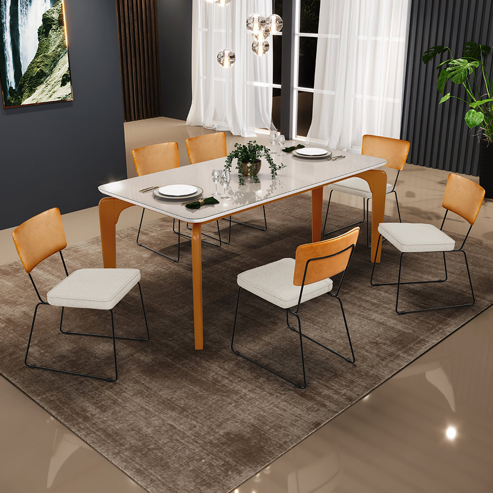 Mesa Capri 160cm Off White Com 6 Cadeiras Allana B05 Couríssimo Whisky Linho Champagne - Lyam Decor