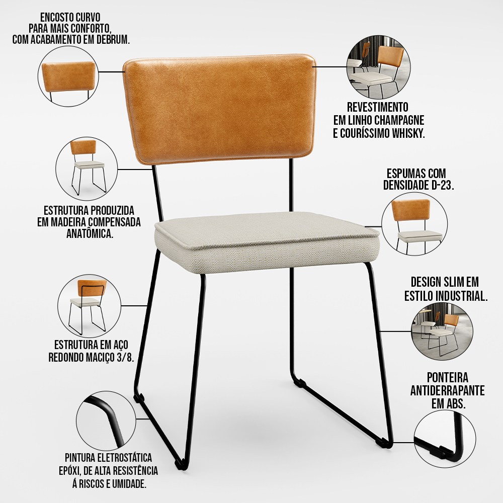 Mesa Capri 160cm Off White Com 6 Cadeiras Allana B05 Couríssimo Whisky Linho Champagne - Lyam Decor