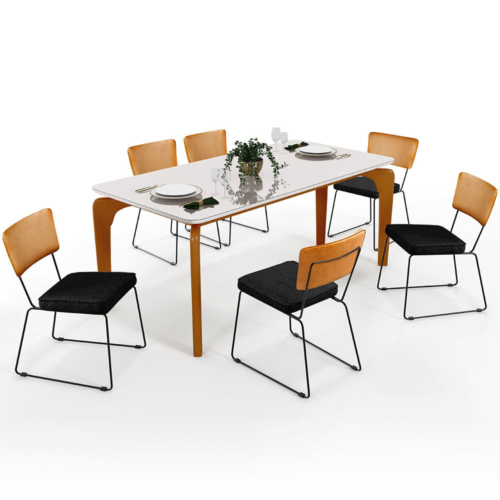 Mesa Capri 160cm Off White Com 6 Cadeiras Allana B05 Couríssimo Whisky Linho Chumbo - Lyam Decor